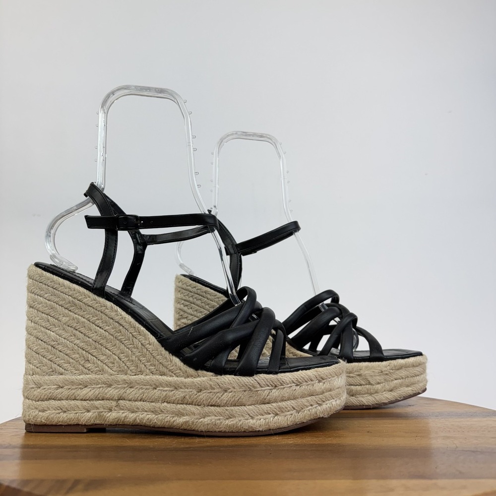 New Circus NY Sam Edelman‎ Irene Black Faux Leather Espadrille Wedges Size 11 M